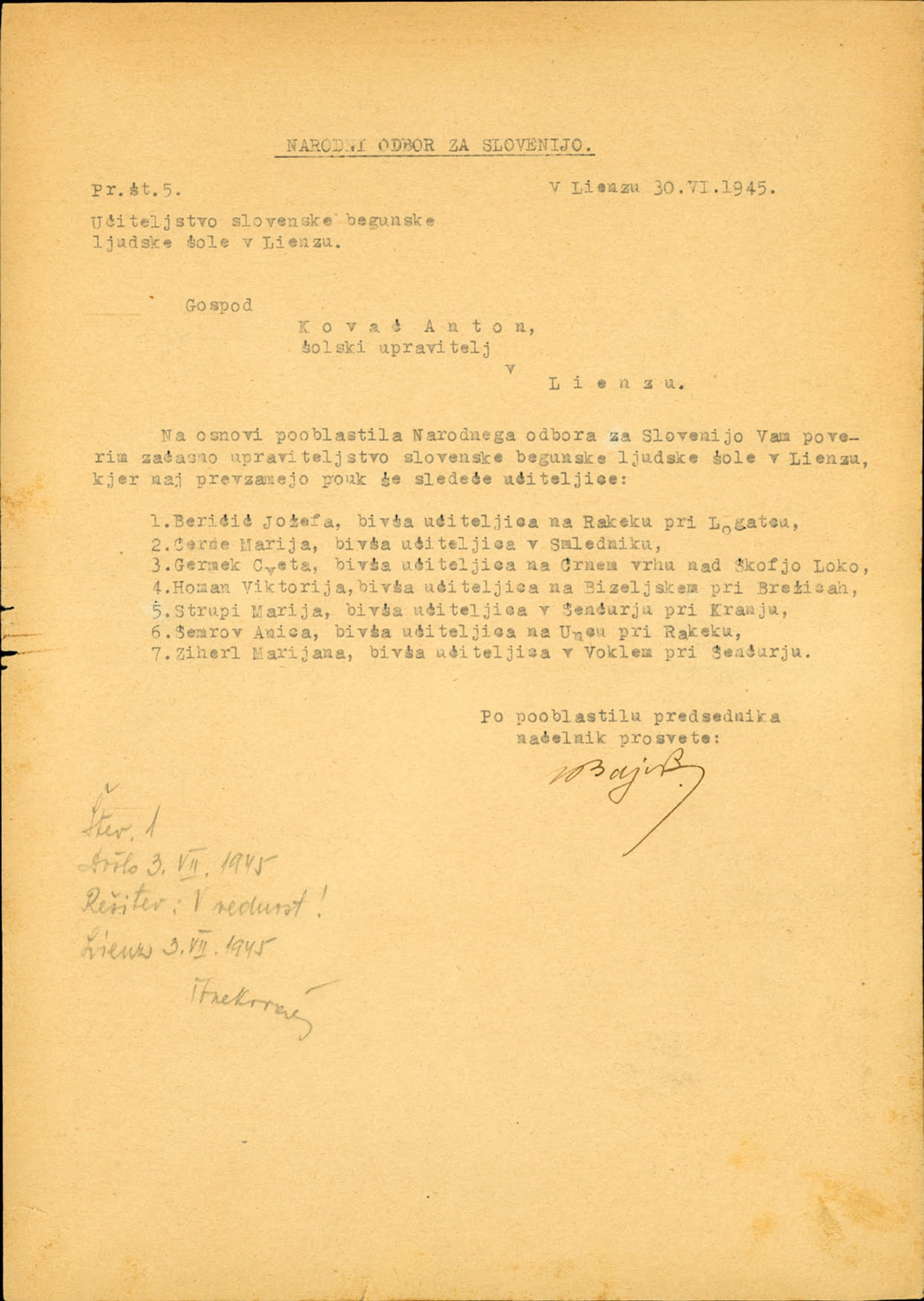 Dopisi, prejeti na Slovenski begunski ljudski šoli Peggez-Lienz 1945